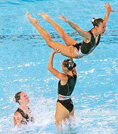Canadas synchronised swimmers perform their free team routine during the finals at the Athens Olympic Games on Friday. 