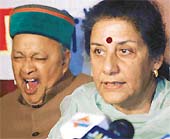 Congress leader Ambika Soni addresses a press conference at Shimla on Tuesday. Chief Minister Virbhadra Singh is also seen in the picture.