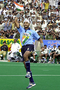 Sandeep Singh celebrates the first goal against Pakistan as he powers India to a 4-1 victory in the second hockey match at Quetta on Monday.