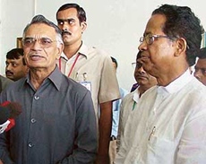 Union Home Minister Shivraj Patil with Assam Chief Minister Tarun Gogoi talks to the media in Guwahati on Sunday.