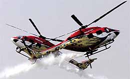 A dazzling display of indigenously developed advanced light helicopters during a formation flight at Air Force base, Palam, in New Delhi on Tuesday during a full-dress rehearsal of the 72nd anniversary of the Indian Air Force to be observed on October 8.