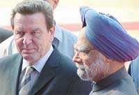 Prime Minister Manmohan Singh with German Chancellor Gerhard Schroeder during a welcome ceremony at Rashtrapati Bhavan in New Delhi on Thursday. 