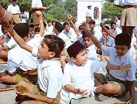 More "kachoris" please, youngsters at an RSS camp held at Veer Haqiqat Rai School in Patiala to mark the organisation’s foundation day