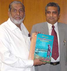 P.M. Sayeed, Union Power Minister, with the Chairman of the BBMB, Mr Rakesh Nath, at the release of the souvenir on Nangal Hydel Channel, in Delhi