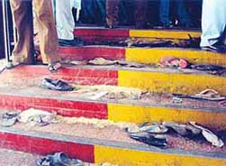 Stray slippers of passengers lie at the stampede site at New Delhi Railway Station on Saturday.