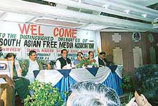 Mr Abdul Majeed, MLA and former Speaker of "Azad Kashmir" Assembly, welcomes visiting Indian journalists