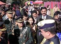 Crown prince Ismail Ibrahim of Malaysia, who was among the gentlemen cadets to pass out from the Indian Military Academy, is seen with the Army chief, Gen N.C. Vij, and his father in Dehra Dun 
