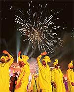 Bhangra team members say goodbye to their Pakistani friends during the closing ceremony of the first Indo-Pak Punjab Games in Patiala on Saturday. 