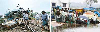 (Left) People cross a railway track with ships lying on it at Nagapattinam port, 350 km south of Chennai, on Monday (AFP); and (right) Local residents and rescue workers salvage boats and cars that were damaged, after a tsunami hit on Sunday in Cuddalore, 180 km south of Chennai. 