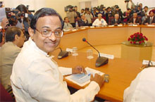 Union Finance Minister P. Chidambaram with leading industrialists at the pre-Budget meeting for 2005-2006 in New Delhi on Tuesday