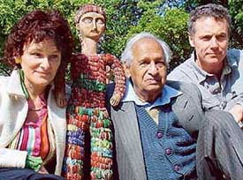Nek Chand, creator of Rock Garden, flanked by Lucienne Peiry, Director of a museum in Switzerland, and Phillippe Lespinasse, director of a film on Nek Chand, at Rock Garden in Chandigarh