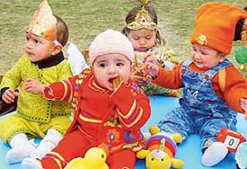 Students of Little Hearts, pre-primary wing of Sri Guru Harkrishan Model School, Sector 38, Chandigarh, await their turn at the healthy baby contest held in school on Sunday.