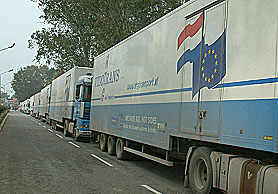 Trucks carrying aid for tsunami victims from Holland stranded at the Wagah border in Amritsar on Saturday.