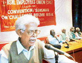 Mr V.A.N.Namboodri,general secretary, BSNL Employees Union, addresses a seminar on “Challenges Before BSNL” at Pal Auditorium in Ludhiana on Wednesday.