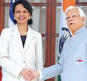 US Secretary of State Condoleezza Rice shakes hands with Foreign Minister Natwar Singh prior to a meeting at Hyderabad House in New Delhi on Wednesday.