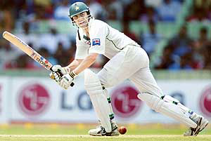 Pakistan vice-captain Younis Khan plays a shot as he slams 267 runs on the second day of the third Test match between India and Pakistan in Bangalore on Friday.