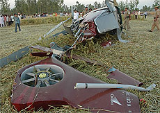This is what remains of the helicopter that crashed at Berkheri Dera in Gangoh of Saharanpur district on Thursday.