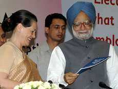 Prime Minister Manmohan Singh and Chairperson of the National Advisory Committee (NAC) and Congress Party President Sonia Gandhi during the inauguration of the Rajiv Gandhi Grameen Vidyutikaran Yojna in New Delhi on Monday. 