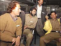 Drivers of Jammu and Kashmir State Road Transport Corporation, who will carry the passengers of the historic bus journey from Srinagar to Muzaffarabad (Pakistan) on Thursday. 