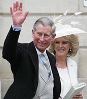 Britains Prince Charles waves as he and Camilla Parker Bowles leave the Guildhall in Windsor, southern England, after their civil wedding ceremony, on Saturday.