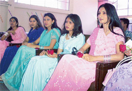 Girl students of M.Sc (IInd year) at a farewell on the Punjabi University campus in Patiala on Sunday.