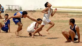 A kho-kho match between Shishu Niketan School, Sector 22, Chandigarh, and City Club, Chandigarh, in progress during the Chandigarh Junior Kho-Kho Championship being held at St. Joseph’s Senior Secondary School, Sector 44, Chandigarh on Friday.