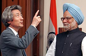 Japanese Prime Minister Junichiro Koizumi with Dr Manmohan Singh just before a meeting at Hyderabad House in New Delhi on Friday.
