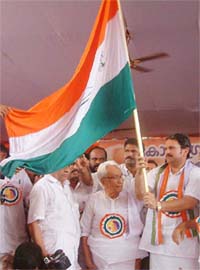 Dissident Congress leader K. Karunakaran waves the party flag after he announced the formation of the National Congress Indira in Thrissur