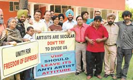 Television, film and theatre artistes of the region at a press conference at Chandigarh Press Club on Wednesday.