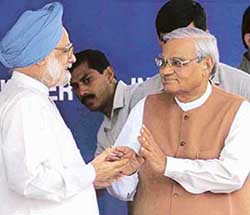 Prime Minister Manmohan Singh and Mr Atal Bihari Vajpayee at the inauguration of Lal Bahadur Shastri Memorial in New Delhi on Saturday. 
