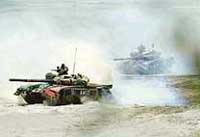 T-72 tanks during Exercise Vajra Shakti in Gag near Jalandhar on Monday.