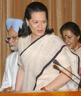 Prime Minister Manmohan Singh and Congress President Sonia Gandhi at the Congress Working Committee meeting at Parliament annexe in New Delhi on Monday.