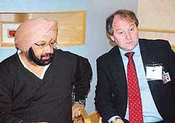 Punjab CM Captain Amarinder Singh at a meeting with Mike Whitby, President of Birmingham City Council at Birmingham airport on Thursday. 