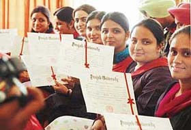 Students of the Partap College of Education in a cheerful mood after getting degrees during the annual convocation in Ludhiana
