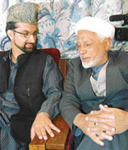 All-Party Hurriyat Conference Chairman Mirwaiz Umar Farooq and Maulvi Ansari at a meeting at the party headquarters in Srinagar on Wednesday.