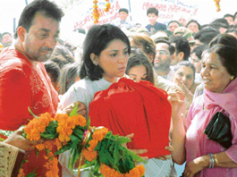Bollywood star Sanjay Dutt and his sister with the ashes of their father Sunil Dutt at their grandmothers samadhi near a bridge on the Yamuna, connecting Saharanpur and Yamunanagar, on Sunday.