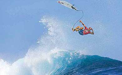 The surf goes flying as Kelly Slater of the US looks down on the surging waves during the Globe WCT Fiji featuring 45 top surfers of the world in Tavarua Island on Monday. 