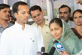 Mr Naveen Jindal with his mother and Congress nominee Savitri Jindal in Hisar during polling