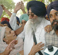 SAD (Amritsar) President Simranjit Singh Mann with his supporters outside the Anandpur Sahib Court after being remanded in judicial custody on Tuesday.