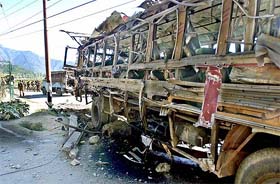 The bus hired by the Army to carry its troops, which was ripped apart in a car bomb attack at Nishat Mughal Gardens in Srinagar