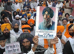 Akali Dal (Amritsar) workers seek the release of party President Simranjit Singh Mann during a peaceful protest in Chandigarh on Monday.
