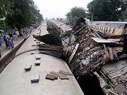A view of the passenger trains that collided at Ghotki, 600 km northeast of Karachi in Pakistan, on Wednesday.