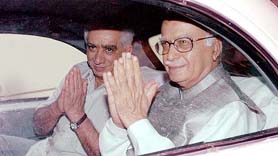 BJP Chief L.K. Advani and his partys senior leader Jaswant Singh coming out after a meeting with RSS leaders at RSS office in New Delhi on Sunday.