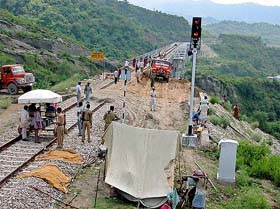 Railway employees repair the Jammu-Udhampur railway track at the Bajalta village on the outskirts of Jammu