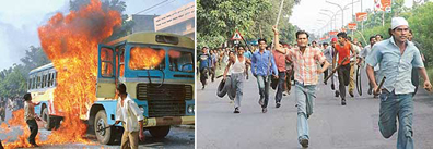 Miscreants torch a CTU bus at Sector 16, Panchkula, and (right) a mob, carrying lathis and tyres, runs amuck on the roads of Panchkula on Friday morning.