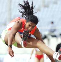 Anju Bobby George competes in the womens long jump final at the Asian Athletics Championships in Inchon, South Korea, on Sunday. Anju leapt 6.61 metres to win the gold medal. 