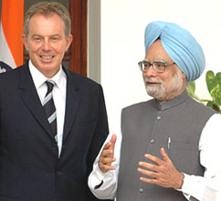 British Prime Minister Tony Blair with Prime Minister Manmohan Singh before a meeting at Hyderabad House in New Delhi on Wednesday.