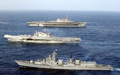 Aircraft carrier USS Nimitz with INS Viraat and INS Mysore during a joint exercise in the North Arabian Sea on the first day of Indo-US Malabar-05 exercise on Sunday.
