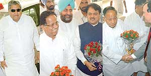 Congress Chief Ministers arrive at Chandigarhs Hotel Mountview on Thursday for the Chief Ministers conclave. (From left to right) Mr Dharam Singh (Karnataka), Mr Tarun Gogai (Assam), Mr Vilasrao Deshmukh (Maharashtra) and Mr Okran Ibobi Singh (Manipur). 