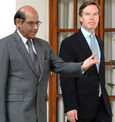 Foreign Secretary Shyam Saran shows the way to US Under Secretary for Political Affairs Nicholas Burns at Hyderabad House in New Delhi on Friday.
